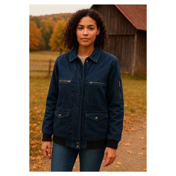 Roamans 16W Denim Barn Coat Utility Jacket Zip Pockets Dark Wash Cotton Stretch - Picture 1 of 13